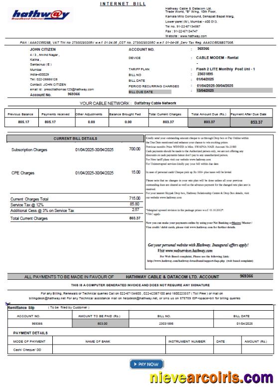India Hathway Cable & Datacom utility bill